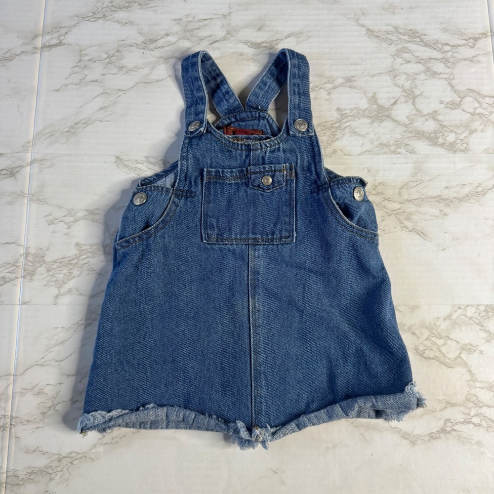 7 For All Mankind Girls Denim Overall Dress Blue Frayed Hem 18 Months